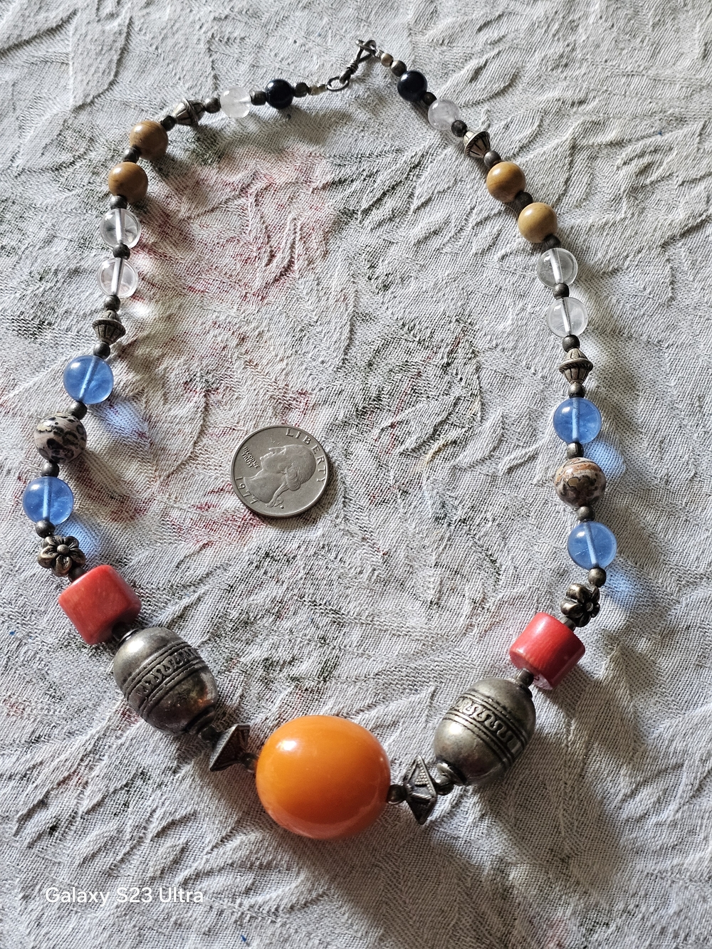 Bohemian Orange Resin Or Amber& Blue Bead Statement Necklace